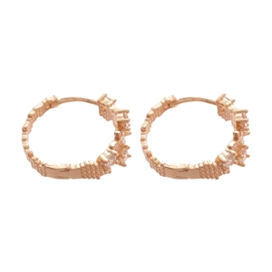 Irregular geometric zircon hoop earrings in rose gold finish with textured weaving pattern