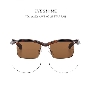 Detail von eckiger Sonnenbrille mit Schildpatt-Muster und braunen Halbrandgläsern