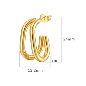 Gold two-tone oval double-tube C-shape stainless steel earrings with 24mm height