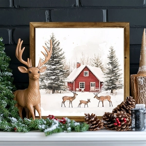Christmas wooden frame with watercolor winter scene of a red cabin, deer, and snowy pines