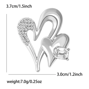 Macro view of silver heart brooch showing dimensions 3.7cm height and 3.0cm width