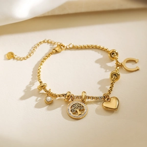 18K gold plated tree of life bracelet with heart and zircon charms for women