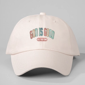 Pink cotton baseball cap with God Is Good embroidery and adjustable vintage fit