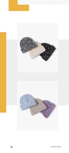 Close-up of thick plush knit beanies in grey, beige, black, and blue for winter warmth
