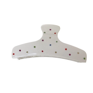 White acetate hair claw clip with colorful rhinestones on a clean white background