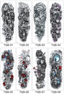 Catalog view of eight waterproof full arm temporary tattoo designs in black and blue