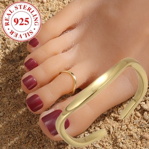 Minimalist 925 Sterling Silver Toe Ring For Women Gold Plated Adjustable Open Geometric Wave Design Beach Foot Jewelry Finger Ring