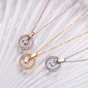 Three elegant zircon double-ring necklaces in gold, silver, and rose gold finishes