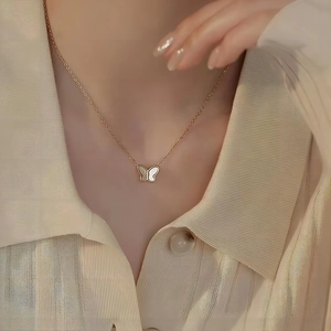 18k gold plated stainless steel bow necklace with white mother of pearl inlay for women