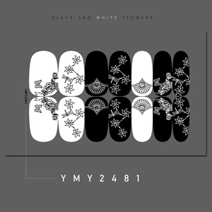 Minimalist black and white nail stickers featuring floral and butterfly patterns, model YMY2481