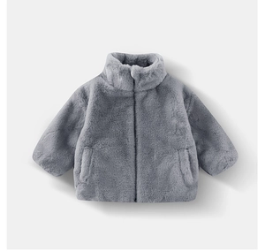 Detailed view of kids dark grey faux rabbit fur coat with stand collar and soft texture