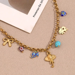 18K gold plated stainless steel necklace with elephant, butterfly and colorful bead charms