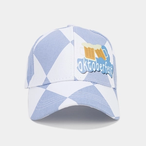 Close-up of Oktoberfest baseball cap with blue-white checkers and beer illustration