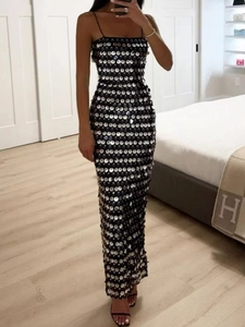 Women Silver Sequin Maxi Dress Spaghetti Strap Slim Fit Bodycon Sleeveless Evening Party Cocktail Long Gown