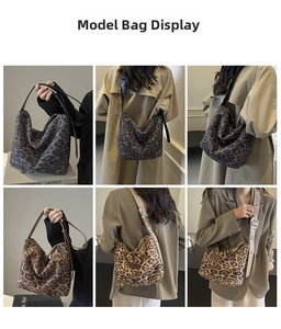 Detail shots of large leopard print hobo bags in grey and brown with adjustable straps
