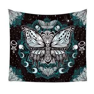 Gothic butterfly tapestry with skull motifs and cyan mandala pattern on white background