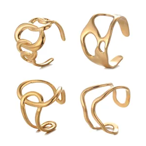 Geometric Stainless Steel Adjustable Open Ring For Women 18K Gold Plated Irregular Trendy Jewelry Accessory