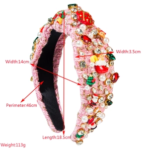 Pink tweed Christmas headband with pearls, rhinestones and festive resin charms