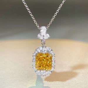 Radiant cut yellow gemstone pendant in S925 sterling silver with sparkling zircon accents