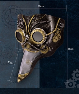 Steampunk plague doctor mask in black and gold with dimensions 25cm by 19cm by 15cm
