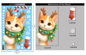 Christmas window sticker showing a cute ginger cat in a green scarf and detailed dimensions