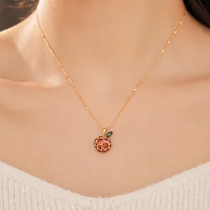 14k gold plated apple pendant necklace with red and purple pavé crystals for women