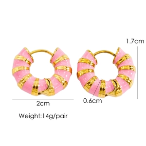 Detailed size chart for pink striped enamel hoop earrings with 2cm diameter and 14g weight