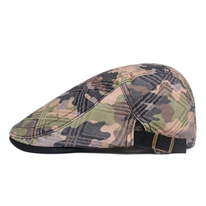 Classic camouflage flat cap with adjustable metal buckle and olive green canvas material
