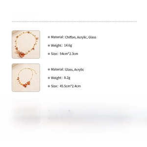 Detailed specifications table for chiffon flower necklaces with acrylic and glass materials