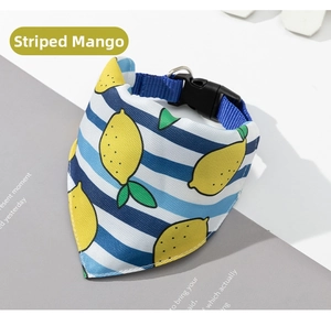 Close-up of striped mango pattern dog bandana with blue buckle and metal D-ring