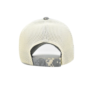 Detail of digital camo mesh baseball cap with adjustable hook and loop fastener strap