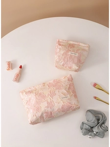 Makeup Bag Jacquard Floral Embossed Portable Travel Cosmetic Toiletry Storage Organizer Pink Sweet Style Women