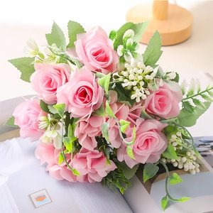 Ramo De Rosas Y Hortensias Artificiales Flores De Satén Hojas De Plástico Realistas Para Decoración De Mesa De Boda Fiesta Hogar Arreglo Floral