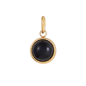Detailed view of a round black stone pendant with golden twisted rope frame and bail