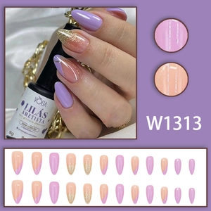 Taro purple gradient glitter press-on nails set with long stiletto shape french design