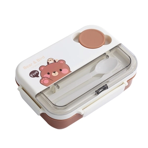 Cartoon 4-grid bento box in brown and white with matching plastic fork and spoon set