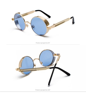 Retro steampunk sunglasses with side shields and blue lenses in 90 and 180 degree views