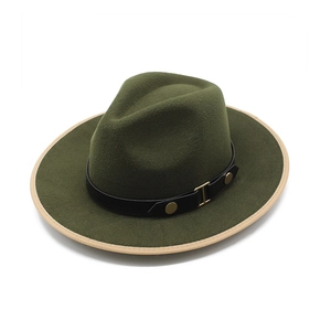 Olive green wool fedora hat with beige trimmed brim and black leather belt buckle strap