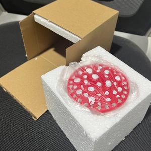 Detail of red mushroom earring stand with white dots in protective foam and box packaging