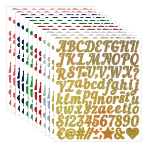 Macro shot of 1-inch glitter alphabet and number stickers with metallic texture