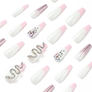 Pink French long coffin press-on nails with silver glitter and 3D snake rhinestone accents