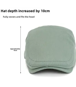 Detail of light green cotton flat cap showing reinforced stitching and 10cm depth