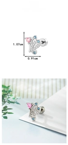 Macro detail of butterfly ear stud with pink heart gem and blue crystals, size 1.07x0.91cm