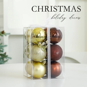 Classic gold and brown Christmas ball ornament set in a gift box for holiday party decor