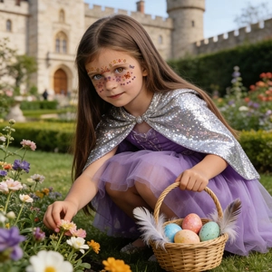 Detail of girl wearing colorful Easter bunny and egg face tattoos in a garden setting