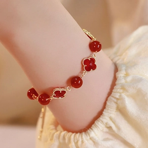 Beaded Bracelet Red Agate Style Artificial Crystal Gold Plated Quatrefoil Charm Adjustable Pull Chain Retro Elegant Women