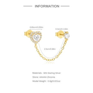 Detailed view of S925 silver double heart chain earrings with AAAAA zircon stones