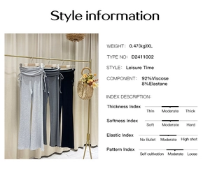 Tableau des tailles et détails du tissu pour pantalons décontractés femme noir et gris