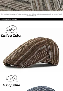 Détail du béret à rayures avec boucles en métal réglables en café et bleu marine
