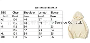 Tableau des tailles détaillé pour sweats à capuche en coton avec mesures en centimètres